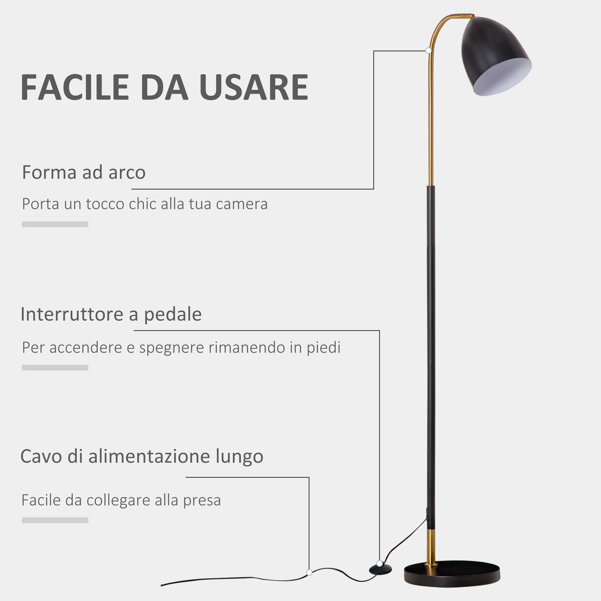 easycomfort easycomfort lampada da terra ad arco con paralume regolabile in metallo 43x28x160cm nero e oro