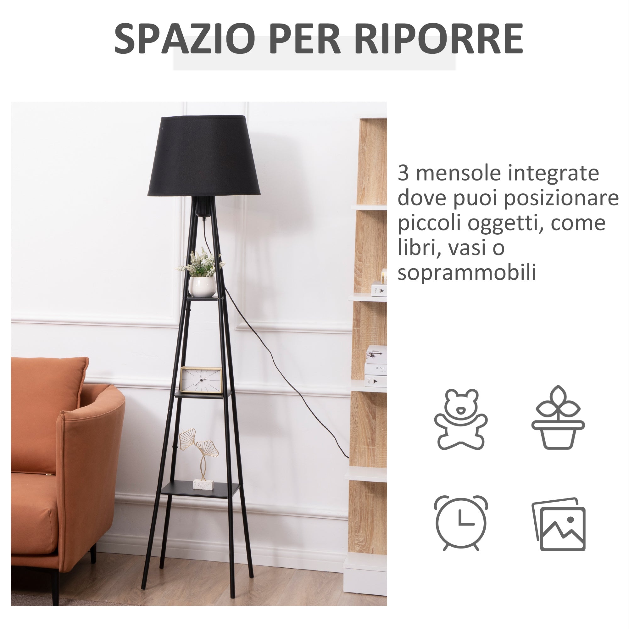 EASYCOMFORT Lampada da Terra a Colonna in MDF e Plastica con 2 Ripiani, per  Soggiorno, Studio e Camera da Letto, 26x26x156 cm