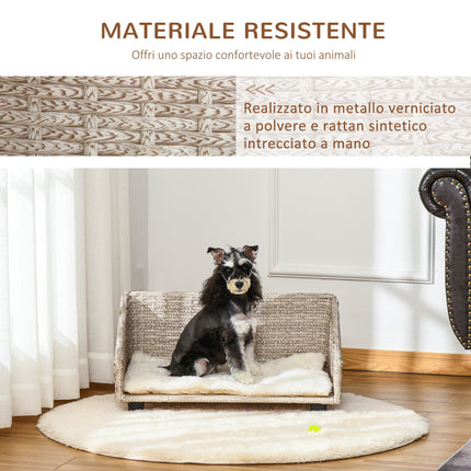 EASYCOMFORT Cuccia per Cani e Gatti Rialzata in Rattan con Cuscino Lavabile  Bianco, Lettino per Animali da Interno, 70.5x40x37.5cm, Beige