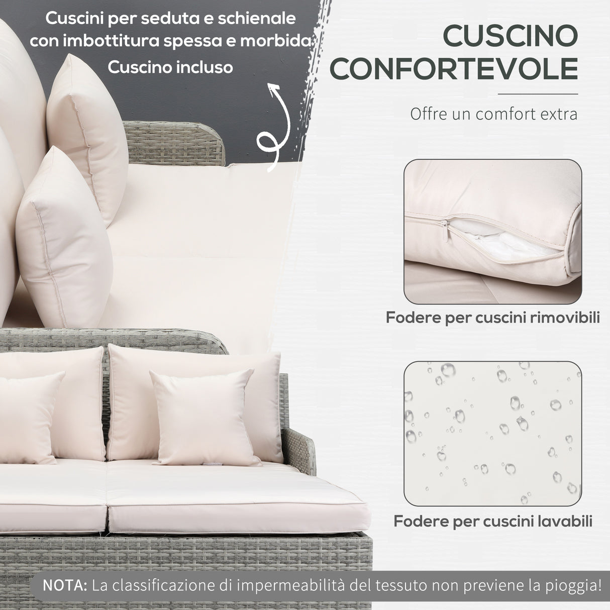 easycomfort easycomfort lettino prendisole sdraio da giardino 2 posti in rattan pe struttura in acciaio con braccioli e cuscini imbottiti 158x134x70cm grigio