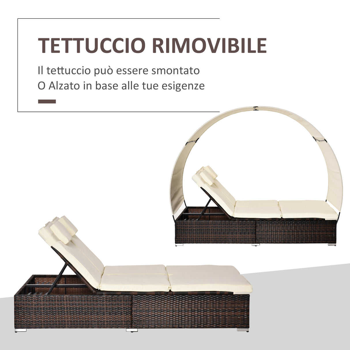 easycomfort easycomfort lettino sdraio da giardino doppia con tettuccio e schienale reclinabile in rattan pe marrone ecrema