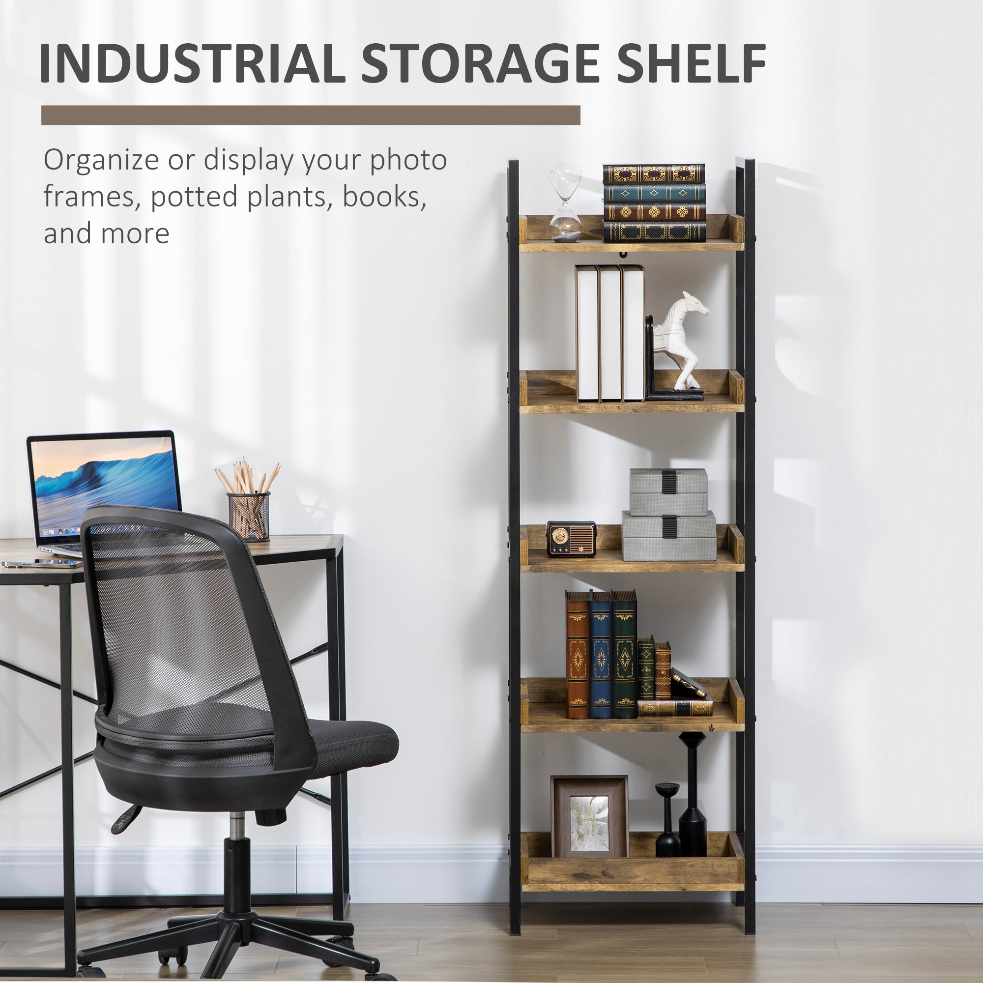 EASYCOMFORT Libreria Stile Industriale a 5 Ripiani in Legno e Metallo,  48x30x155cm, Marrone Rustico