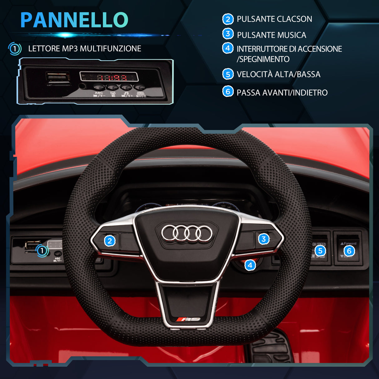 easycomfort easycomfort macchina elettrica per bambini 5 anni max licenza audi con pulsanti cinture e fari 103x58x41 cm rossa e nera