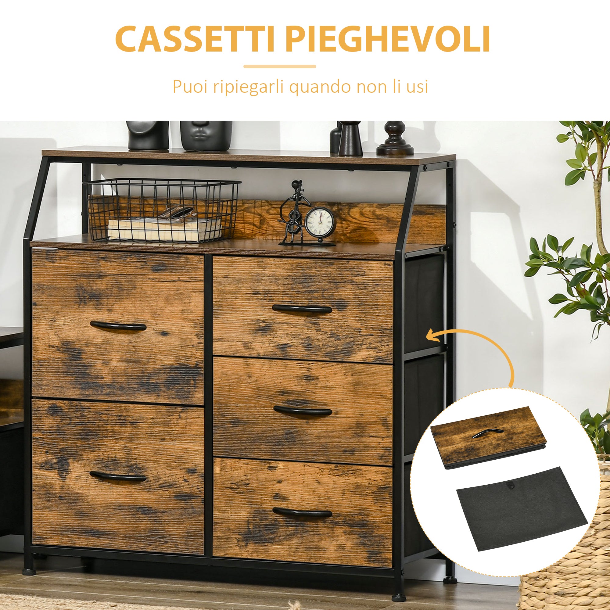 EASYCOMFORT Mobile Cassettiera con 5 Cassetti in Tessuto Pieghevoli Stile  Industriale, 83.5x29x87cm, Marrone