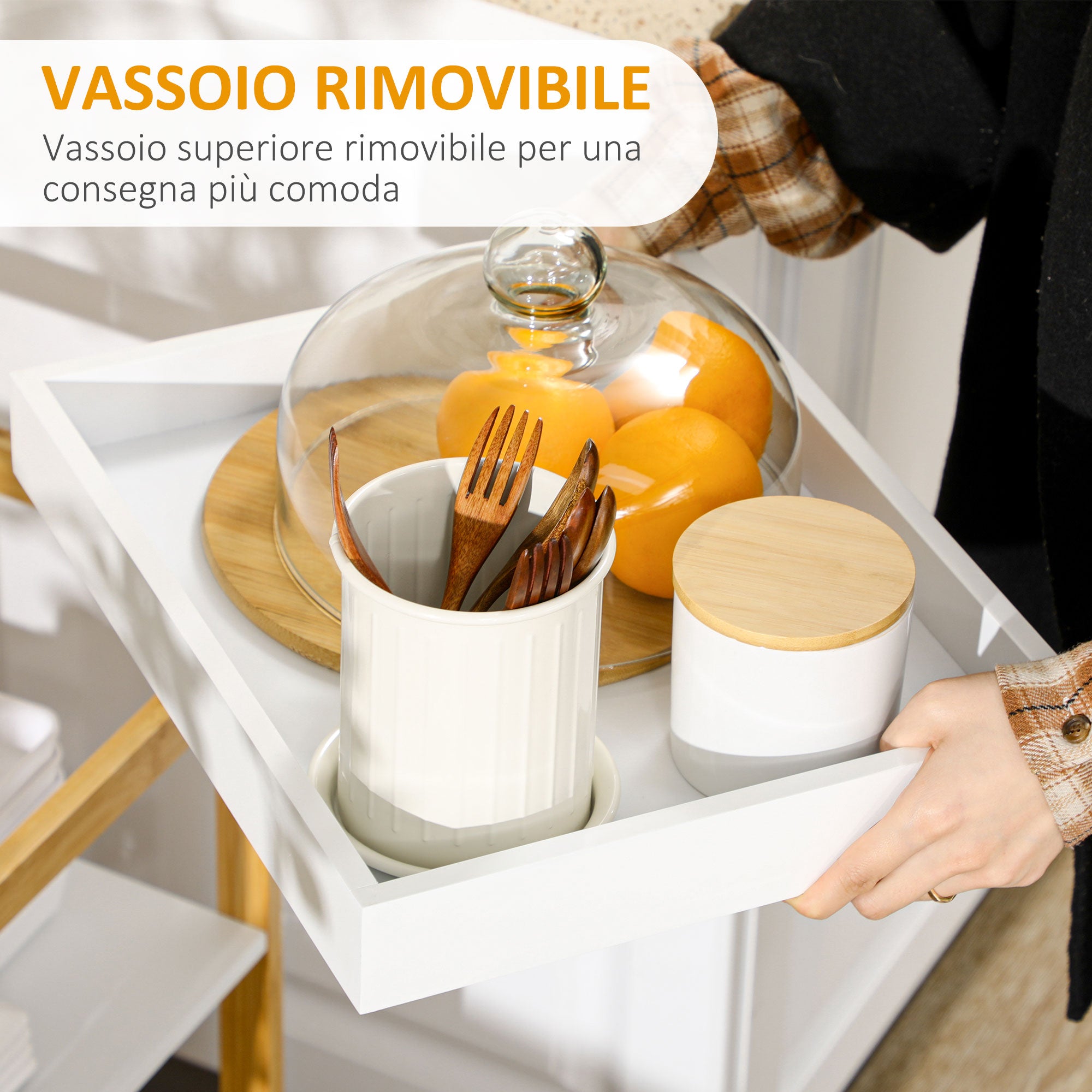 EASYCOMFORT Mobile con Scaffali in Bambù e MDF con Vassoio removibile,  42.8x33x70cm, Bianco e color Legno