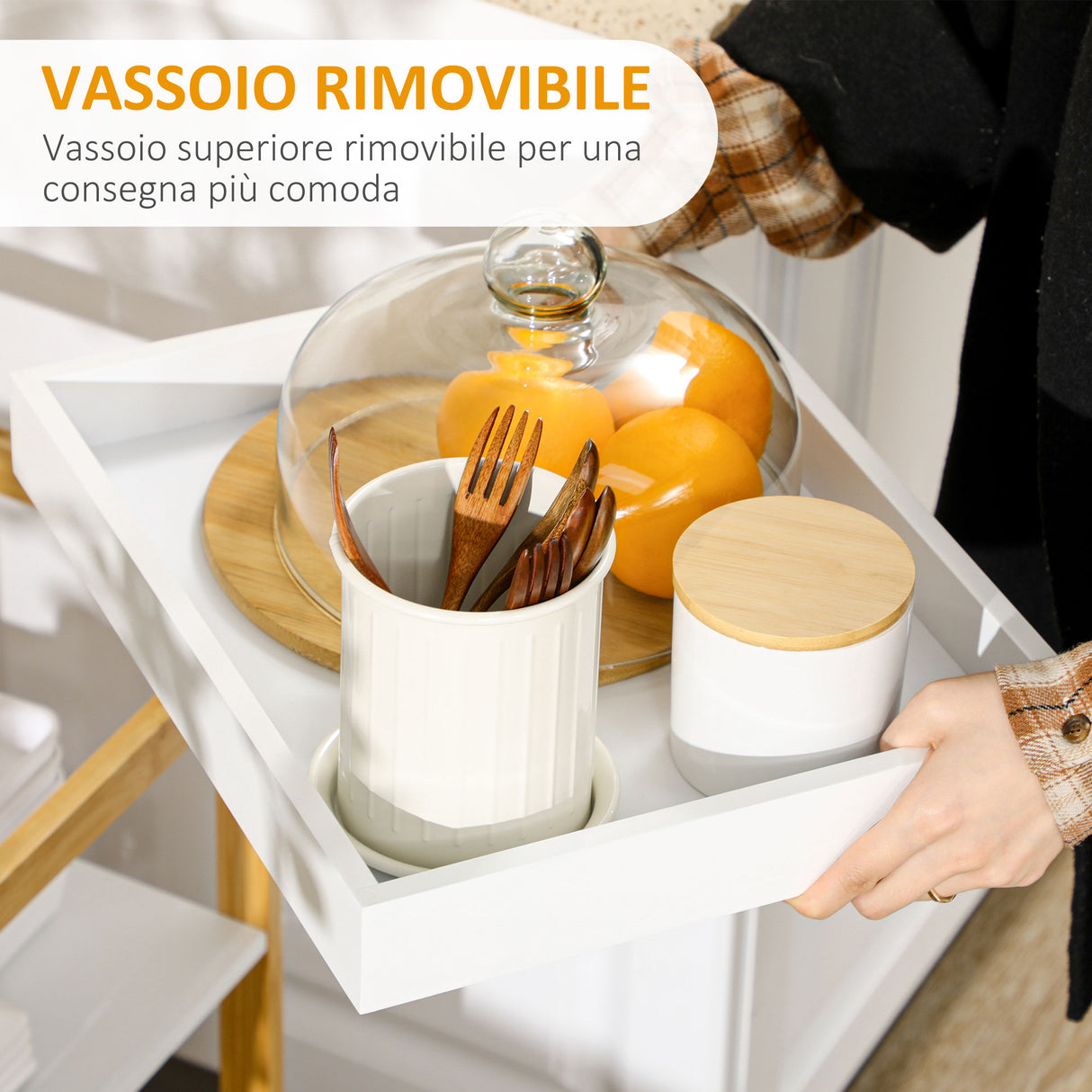 easycomfort easycomfort mobile con scaffali in bambu e mdf con vassoio removibile 42 8x33x70cm bianco e color legno