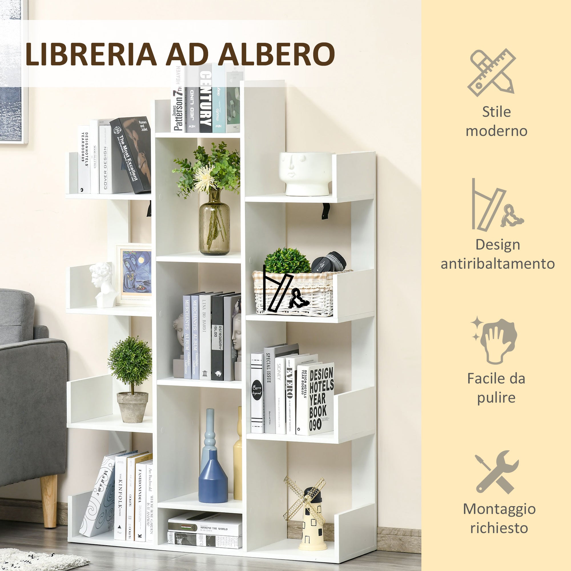 EASYCOMFORT Mobile Libreria ad Albero con 13 Ripiani in Legno Truciolare,  96x30x150cm