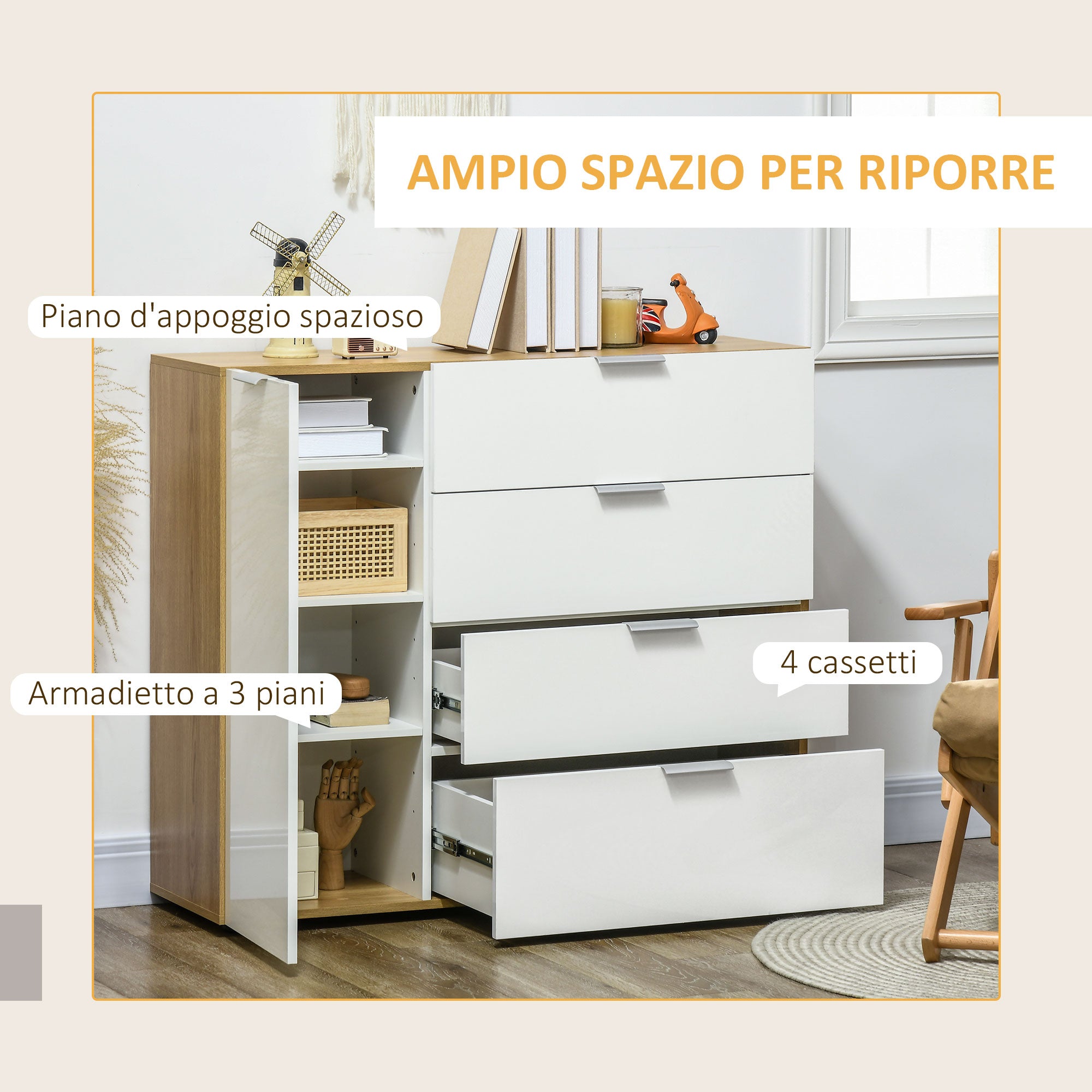 EASYCOMFORT Mobiletto Multiuso con 3 Ripiani Aperti e Cassetti, Mobile per  Soggiorno, Cucina, Ufficio in Legno Bianco, 60x40x100cm
