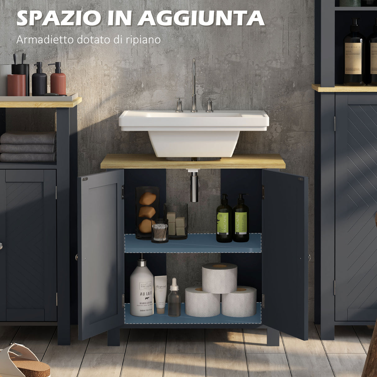 easycomfort easycomfort mobile sottolavabo in truciolato e mdf a 2 ante con ripiano interno regolabile 60x30x60 cm grigio