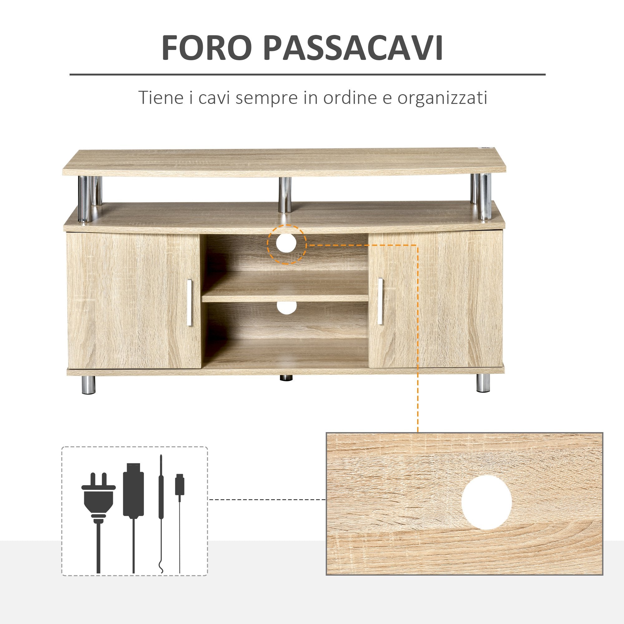 EASYCOMFORT Mobile TV Moderno con 2 Ripiani, Fori Passacavi e 2 Armadietti  in MDF 105x40x55cm - Rovere