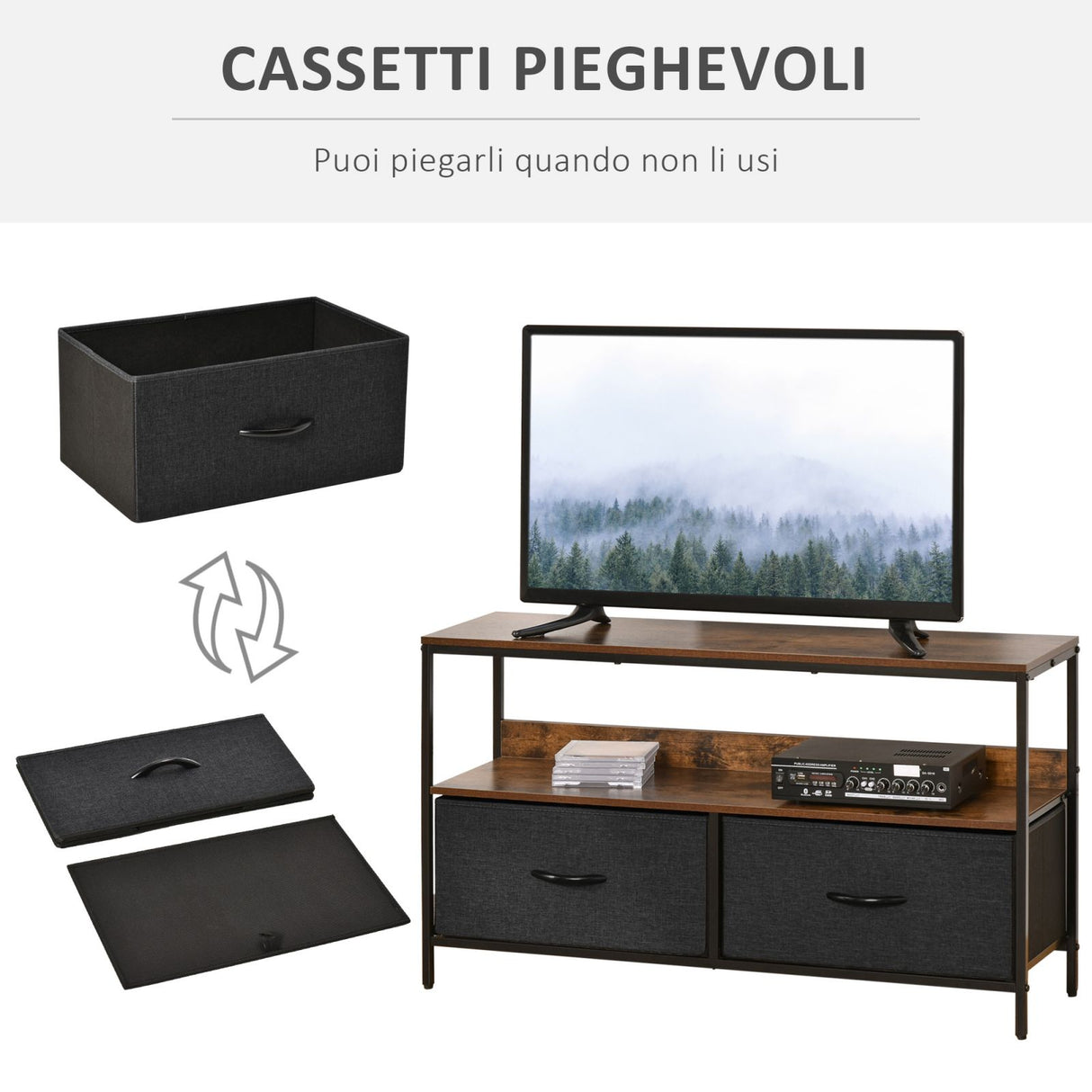 easycomfort easycomfort mobile tv stile industriale con cassetti in tessuto e mensola metallo e mdf 98x29x56cm marrone