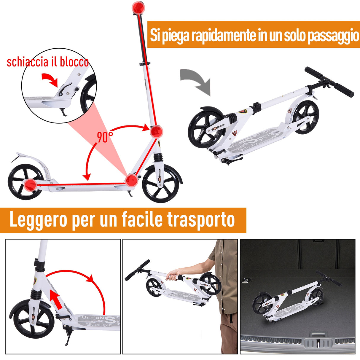 easycomfort easycomfort monopattino pieghevole in alluminio con freno bianco per adulti e bambini