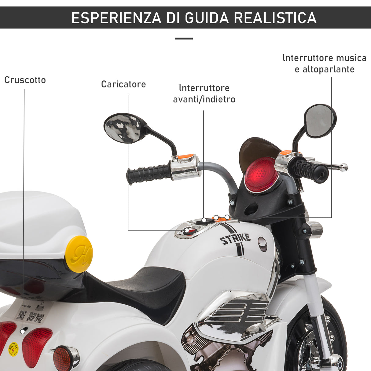 easycomfort easycomfort moto elettrica per bambini 6v a 3 ruote con luci e musica velocita 3kmh eta 18 36 mesi 87x46x54cm bianco