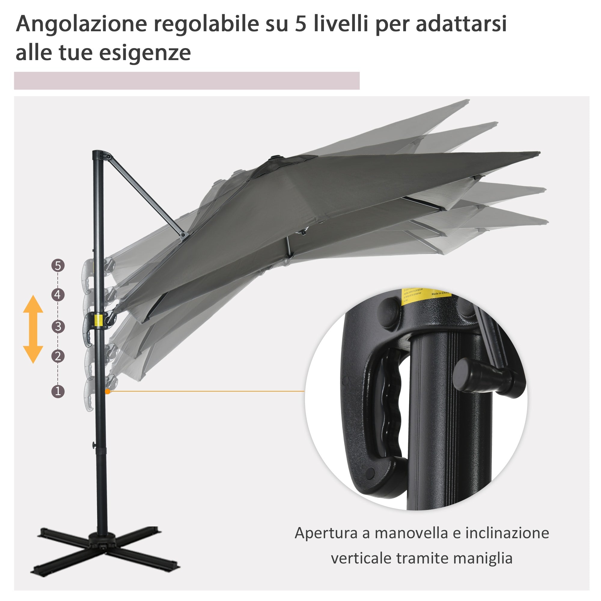 EASYCOMFORT Ombrellone da Giardino con Angolazione Regolabile su 3 Livelli  e Rotazione a 360°, 2.5x2.5 m, Grigio