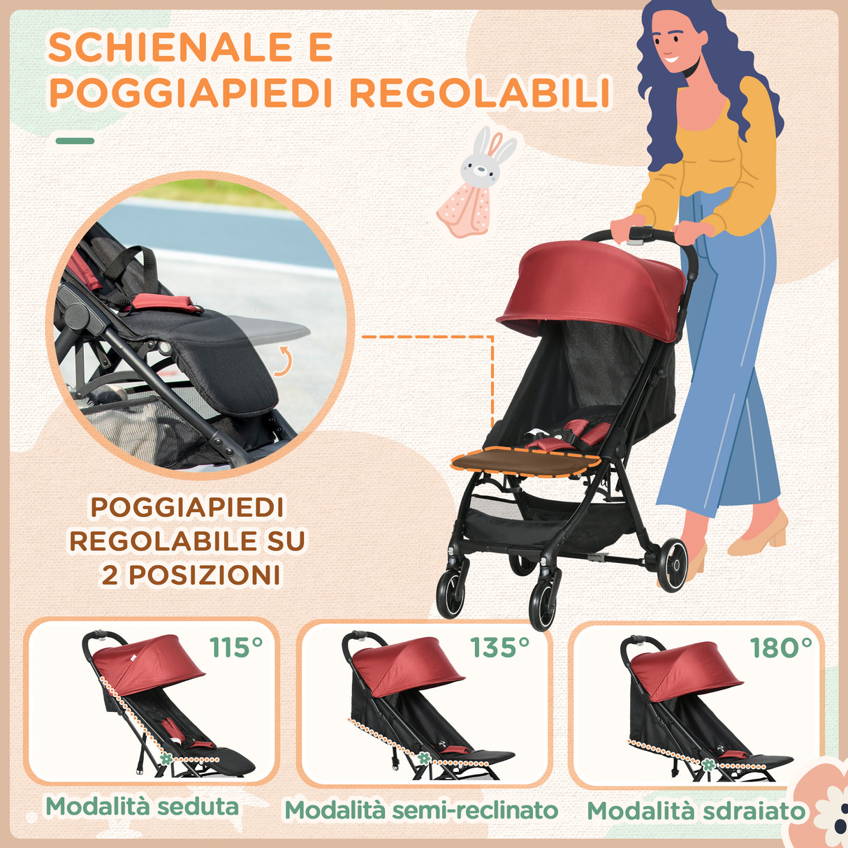 easycomfort easycomfort passeggino per bambini 0 36 mesi con tettuccio design pieghevole e cesto portaoggetti 128x58x106 cm rosso e nero