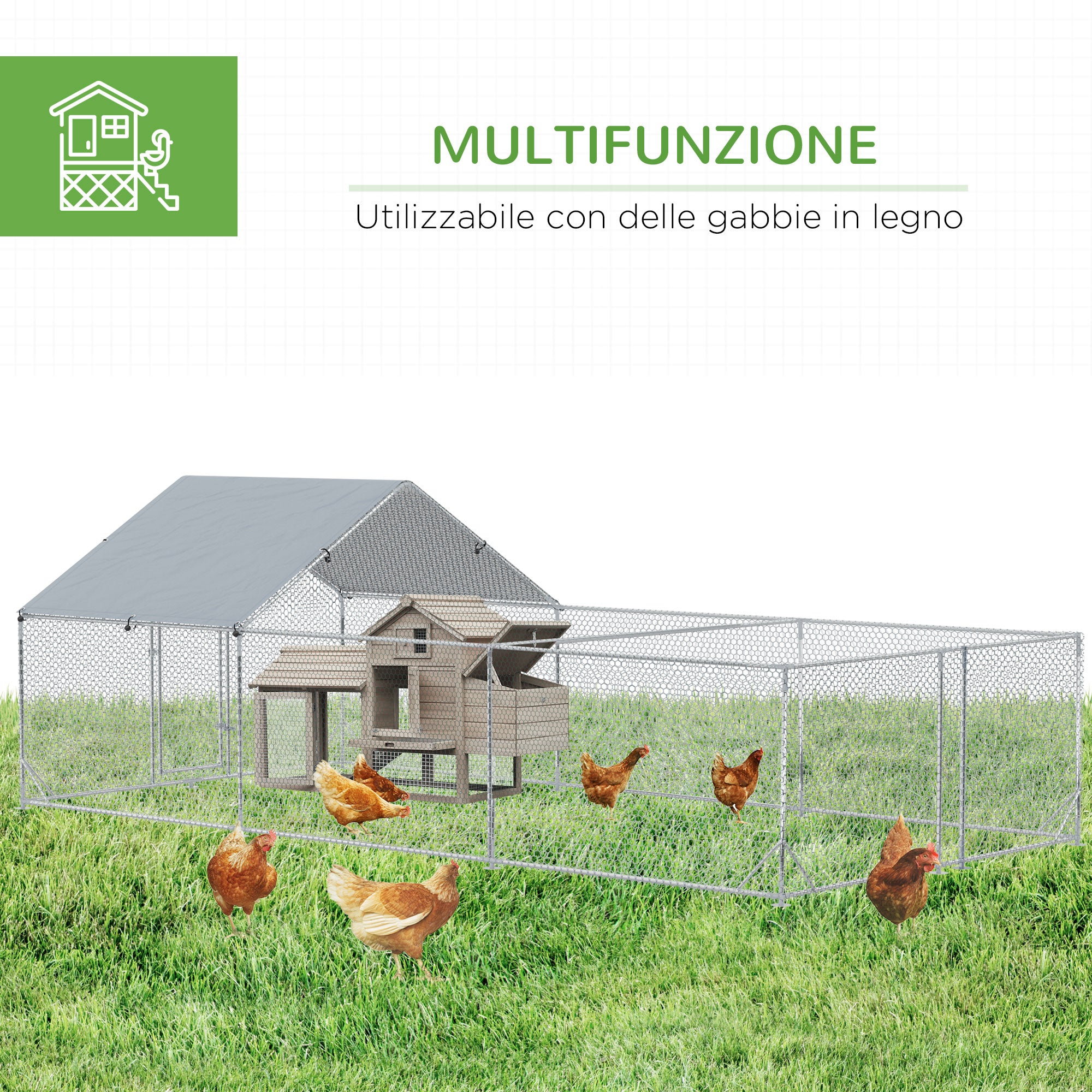 EASYCOMFORT Pollaio da Giardino per 15-18 Galline in Acciaio Zincato e PE  con Tettoia e Serratura, 600x300x195 cm