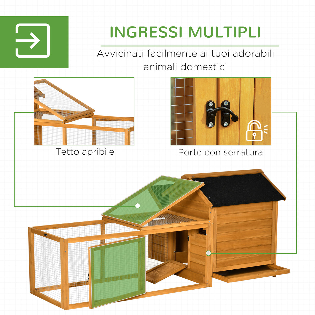 easycomfort easycomfort pollaio per galline con casetta area di corsa e di cova e vassoio estraibile in legno 180x92x78cm