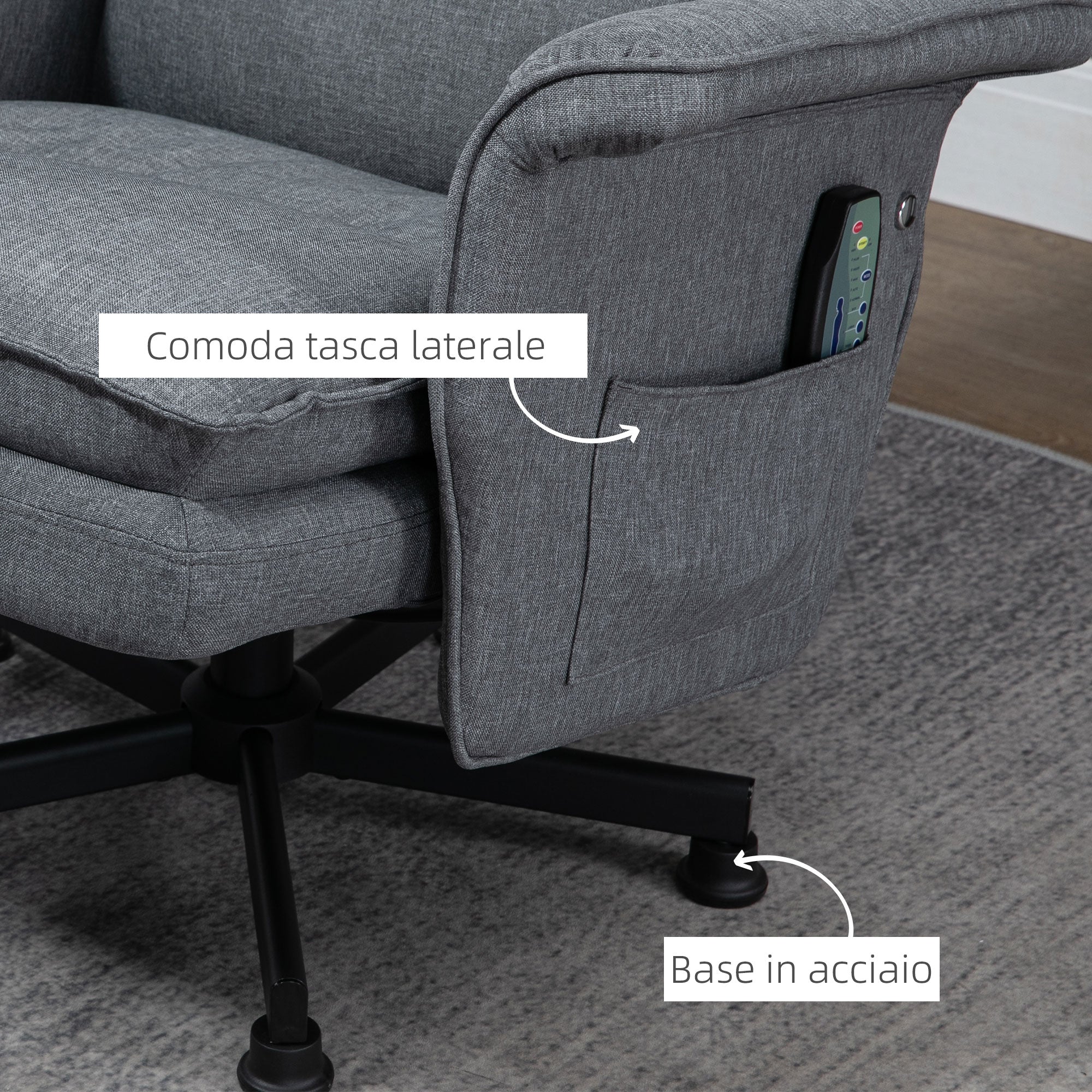 EASYCOMFORT Poltrona Relax Massaggiante con Pouf e Telecomando, 8 Punti  Massaggio e 5 Programmi, Grigio