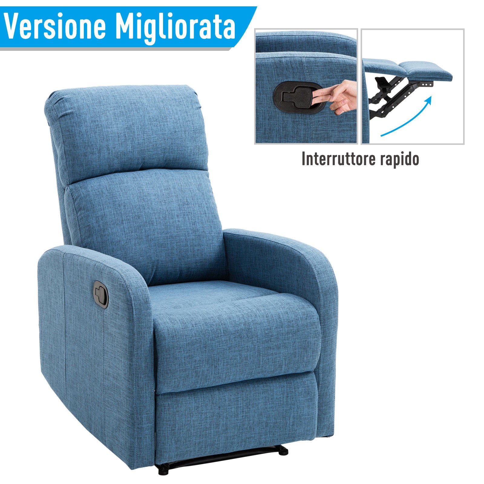 EASYCOMFORT Poltrona Relax Reclinabile Manuale con Poggiapiedi Portata  125kg Tessuto di Lino 66 × 83 × 107cm Blu