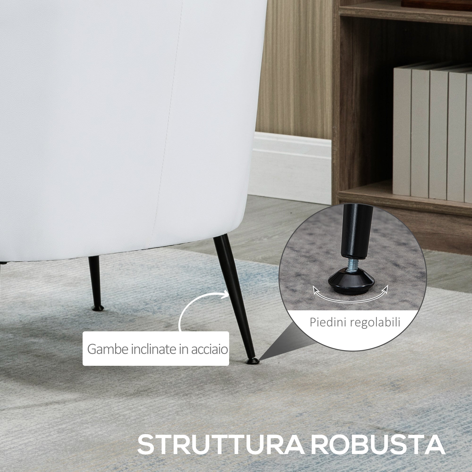 EASYCOMFORT Poltroncina da Camera Imbottita con Rivestimento in Finta Pelle  e Gambe in Acciaio, Bianco