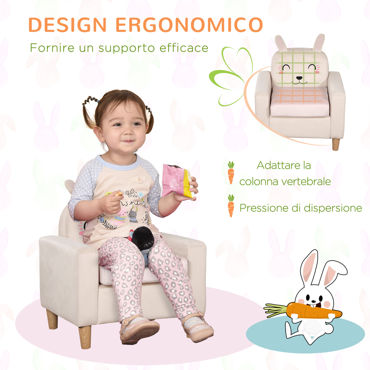easycomfort easycomfort poltroncina per bambini con design a coniglio e gambe in legno 53x47x54 5cm crema