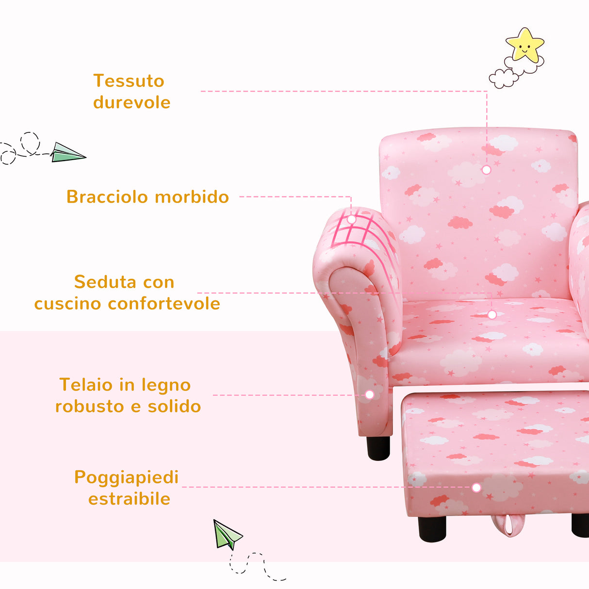 easycomfort easycomfort poltroncina per bambini con poggiapiedi estraibile struttura in legno con imbottitura 57x42x45cm rosa e bianco