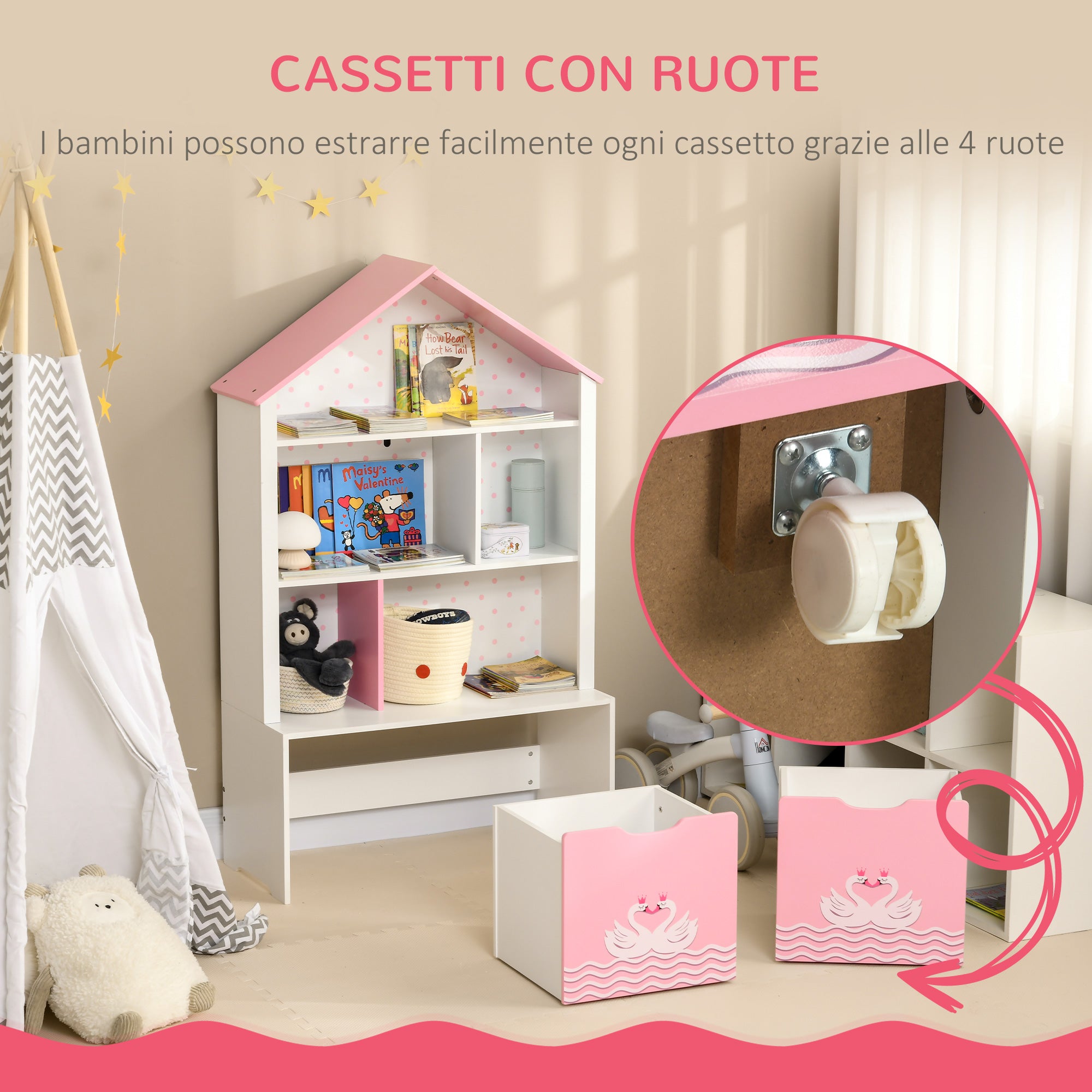 EASYCOMFORT Scaffale Portagiochi per Bambini con Ripiani Aperti e Cassetti  con Rotelle, Rosa