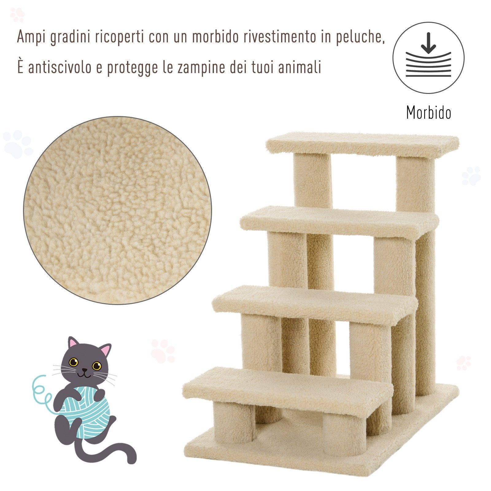 EASYCOMFORT Scaletta per Cani, Gatti e Animali Domestici con 4 Gradini e  Morbido Rivestimento Beige, 63.5 x 43 x 60cm