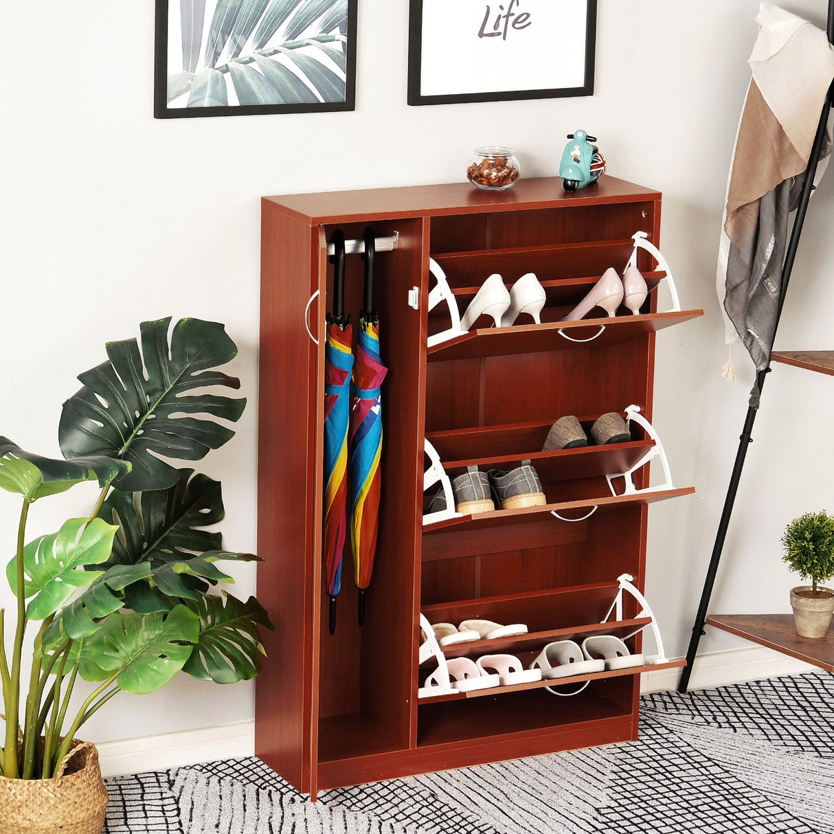 easycomfort easycomfort scarpiera salvaspazio con 3 ante a ribalta e unanta porta ombrelli in legno color ciliegio 80x24x120cm ean 8054111845342