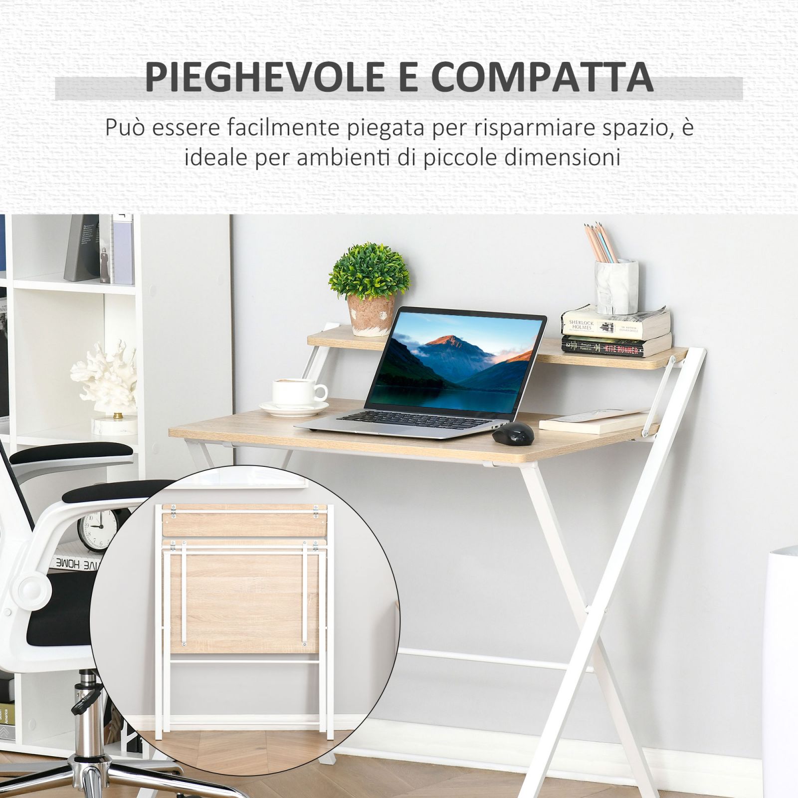 EASYCOMFORT Scrivania Pieghevole Salvaspazio con Mensola Superiore per  Camera e Ufficio, 81.5x70x84cm, Color Legno e Bianco