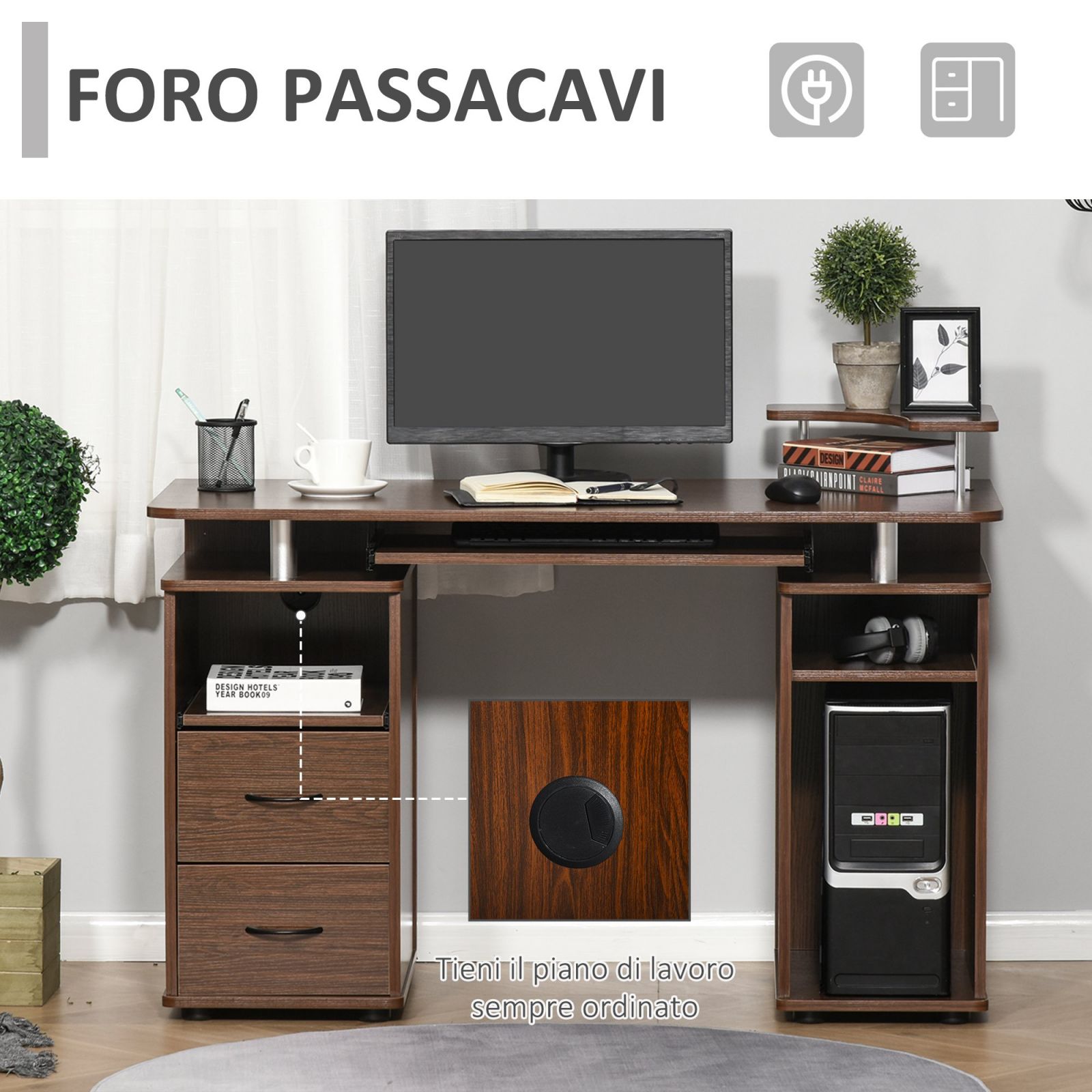 EASYCOMFORT Scrivania Porta PC da Ufficio con Cassetti in Legno