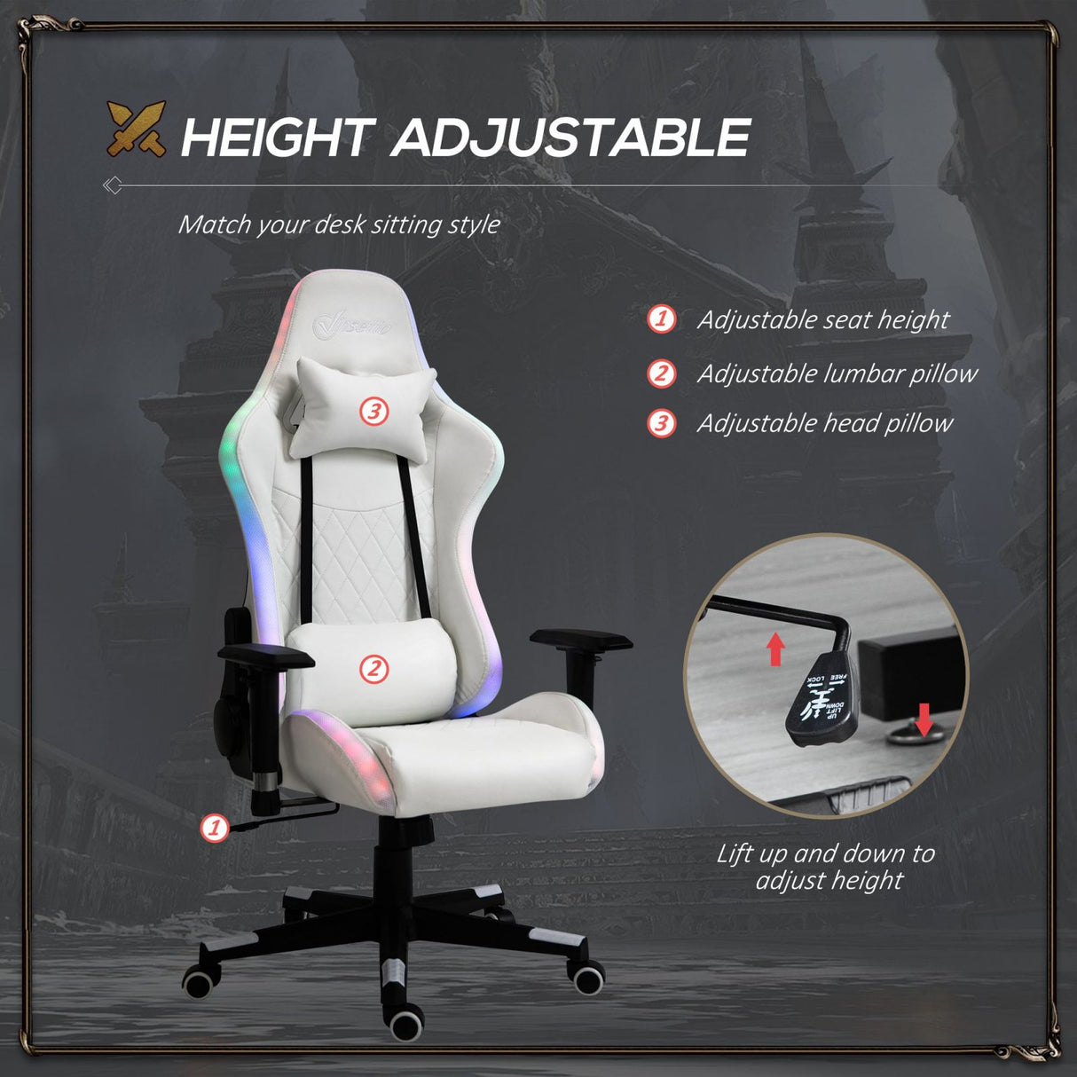 easycomfort easycomfort sedia da gaming luminosa con luci a led altezza regolabile in similpelle bianca