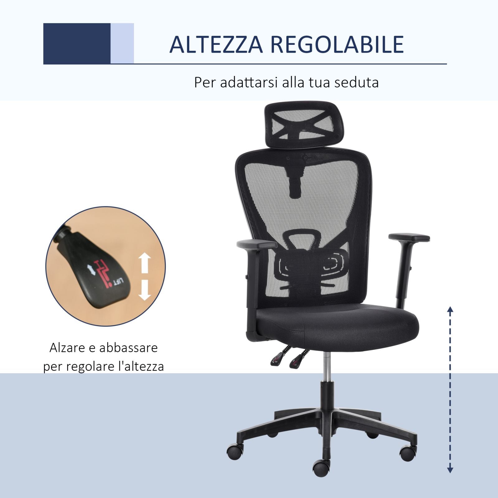 EASYCOMFORT Sedia da Ufficio Ergonomica Girevole, Altezza Regolabile,  Supporto Lombare e Poggiatesta, 66x61x100-109.5cm Nero