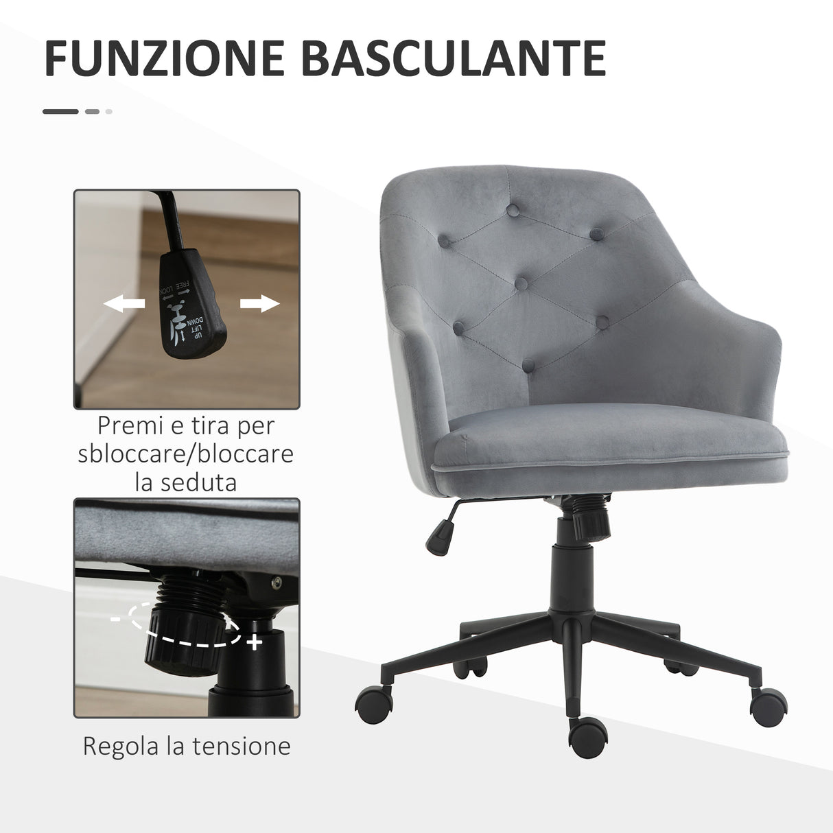 easycomfort easycomfort sedia da ufficio girevole ergonomica con ruote e altezza regolabile rivestimento in velluto 63x64x88 96cm grigio