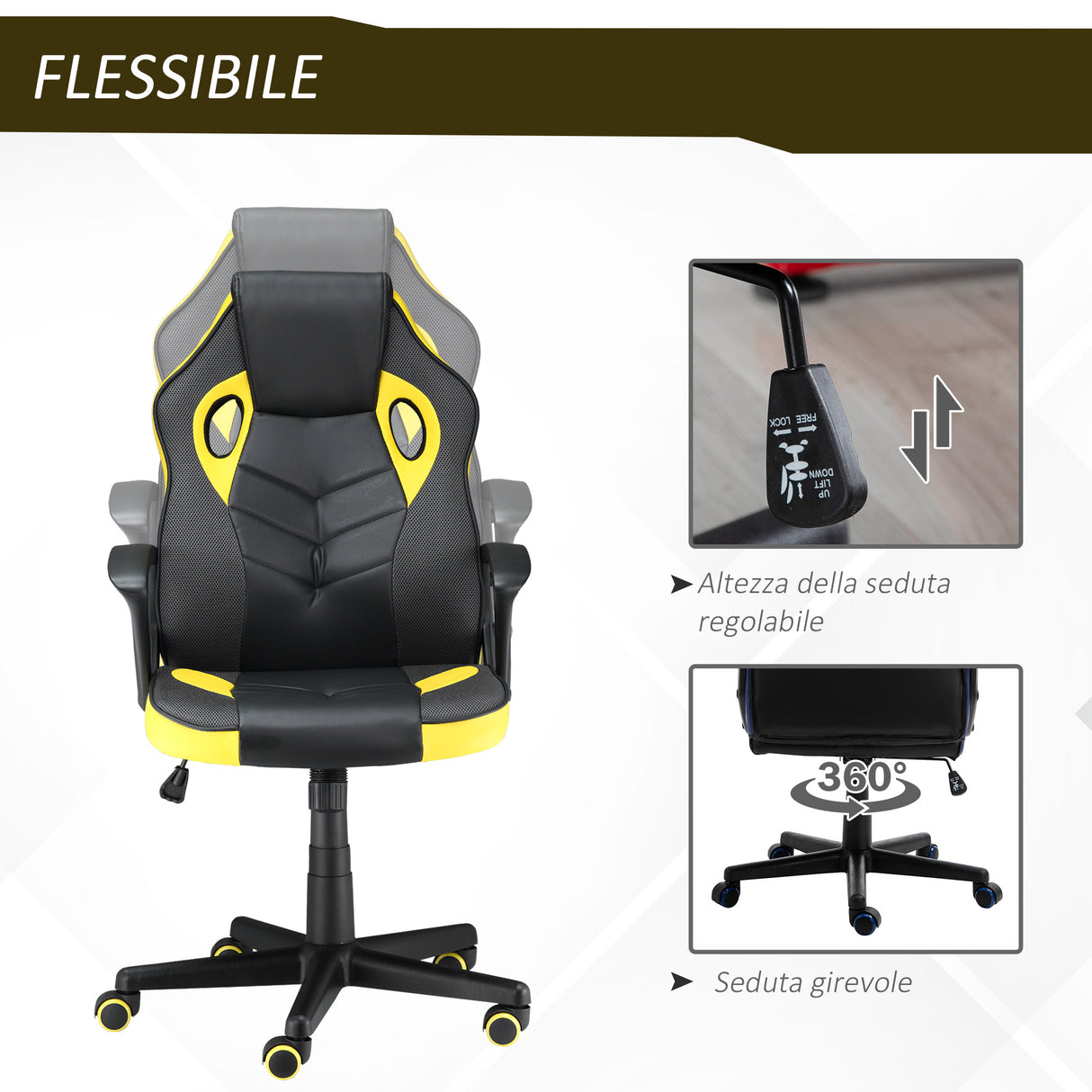 easycomfort easycomfort sedia gaming ergonomica poltrona da ufficio girevole con rotelle in similpelle nera e gialla altezza regolabile