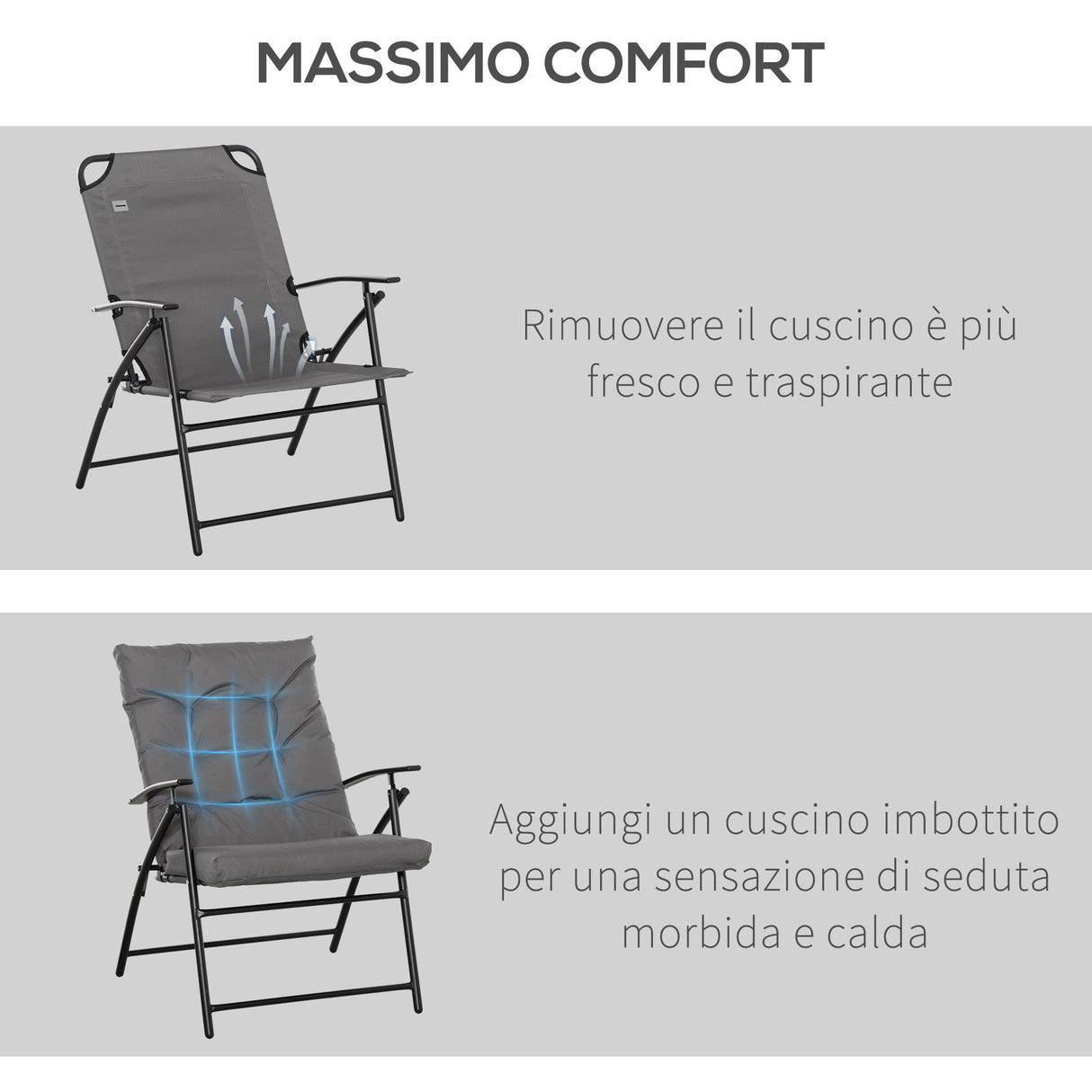 easycomfort easycomfort sedia pieghevole da campeggio con schienale reclinabile su 2 livelli e cuscino rimovibile in metallo e tessuto oxford grigio
