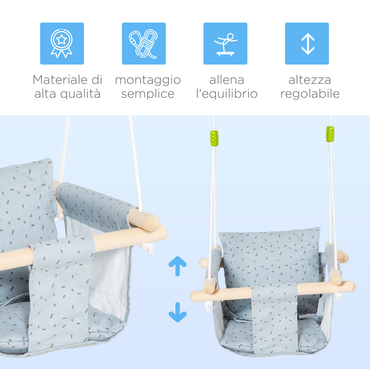 easycomfort easycomfort seggiolino altalena per bambini in tessuto e legno con cuscino 40x40x180cm grigio