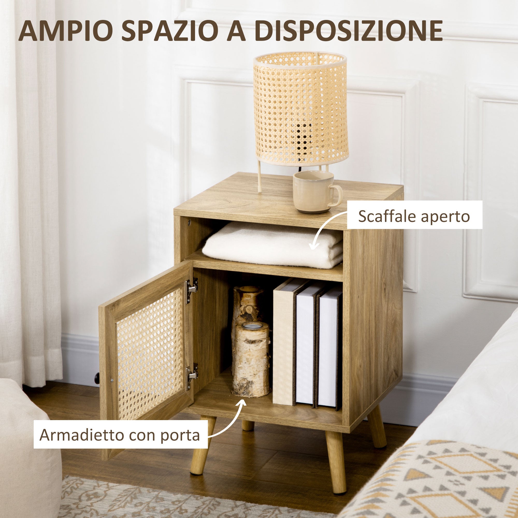 EASYCOMFORT Set 2 Comodini in Stile Boho con Armadietto e Ripiano