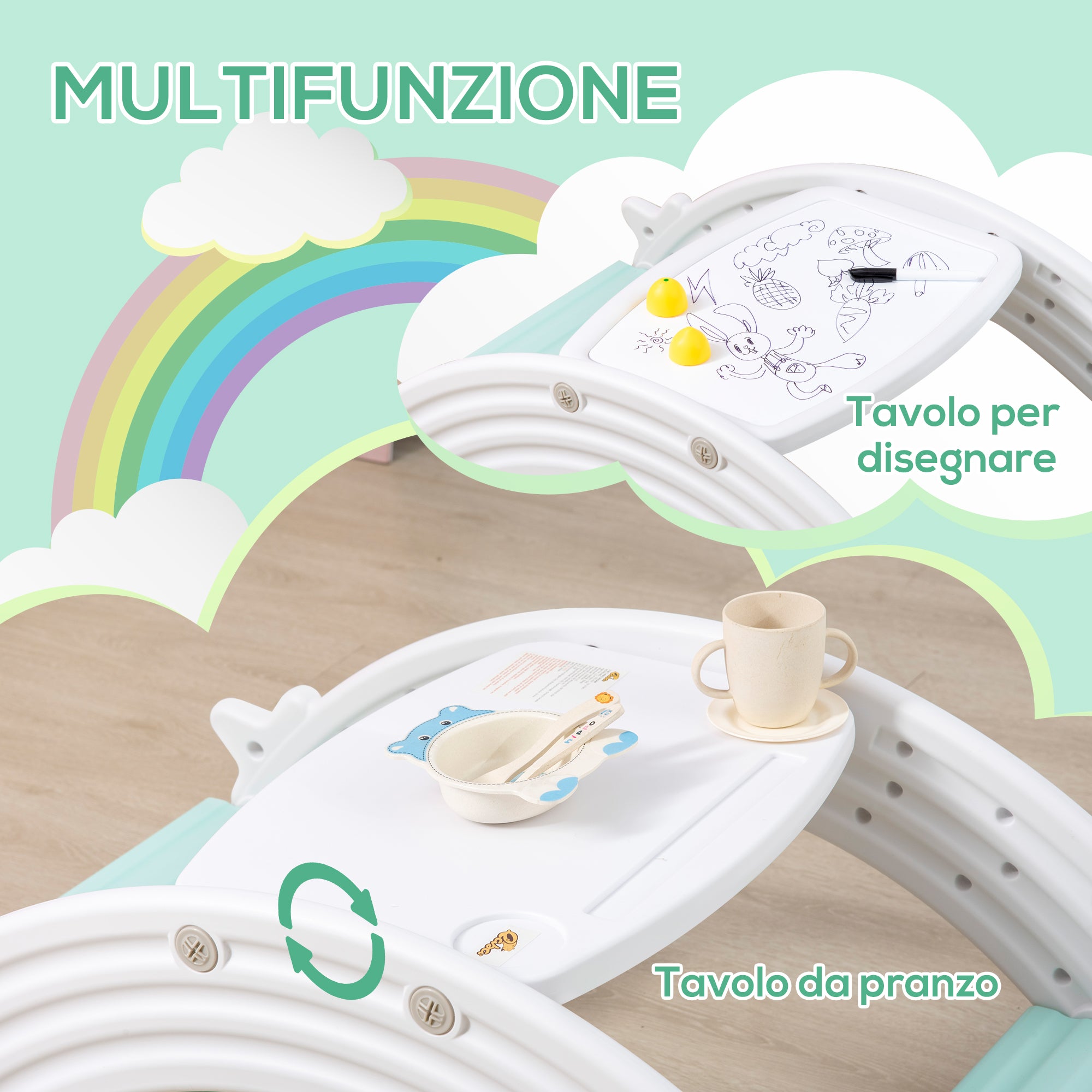 EASYCOMFORT Set 2 in 1 Altalena per Bambini e Tavolo e Sedie per Bambini  con 2 Seggiolini, in HDPE, 100x54x42 cm