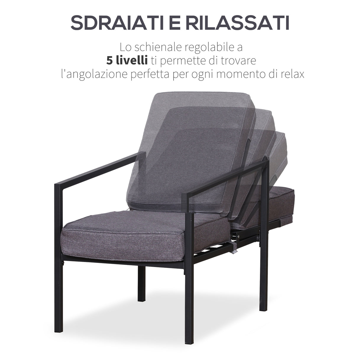 easycomfort easycomfort set 2 sdraio con poggiapiedi cuscini e tavolino in metallo e poliestere grigio e nero