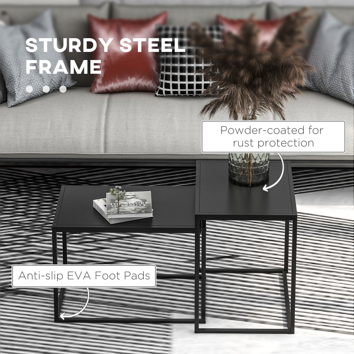 easycomfort easycomfort set 2 tavolini da salotto moderni impilabili con telaio in acciaio nero