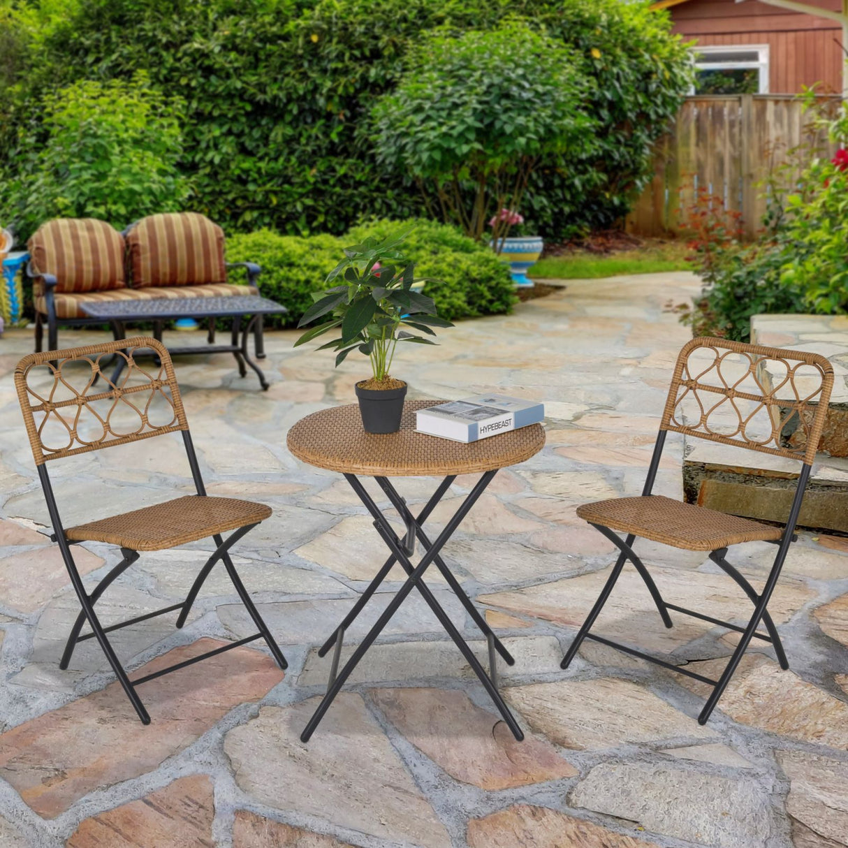 easycomfort easycomfort set 3 pezzi tavolino con sedie da giardino pieghevoli rattan e acciaio ean 8055776912318