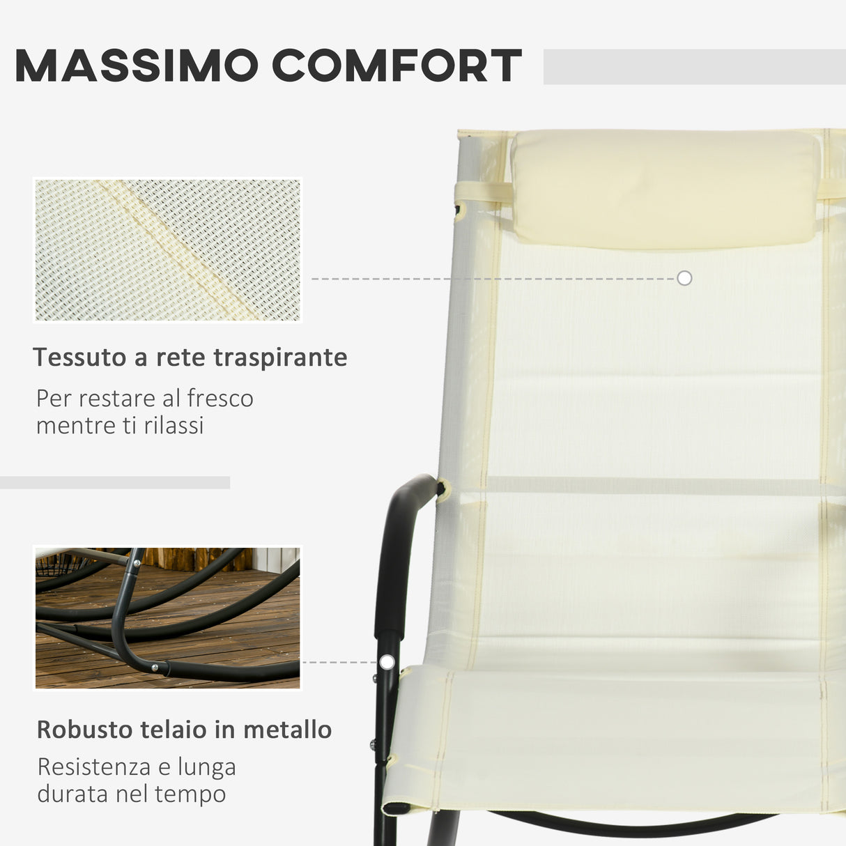 easycomfort easycomfort set da 2 sdraio a dondolo con poggiatesta e braccioli 67x144x87 cm grigio e beige