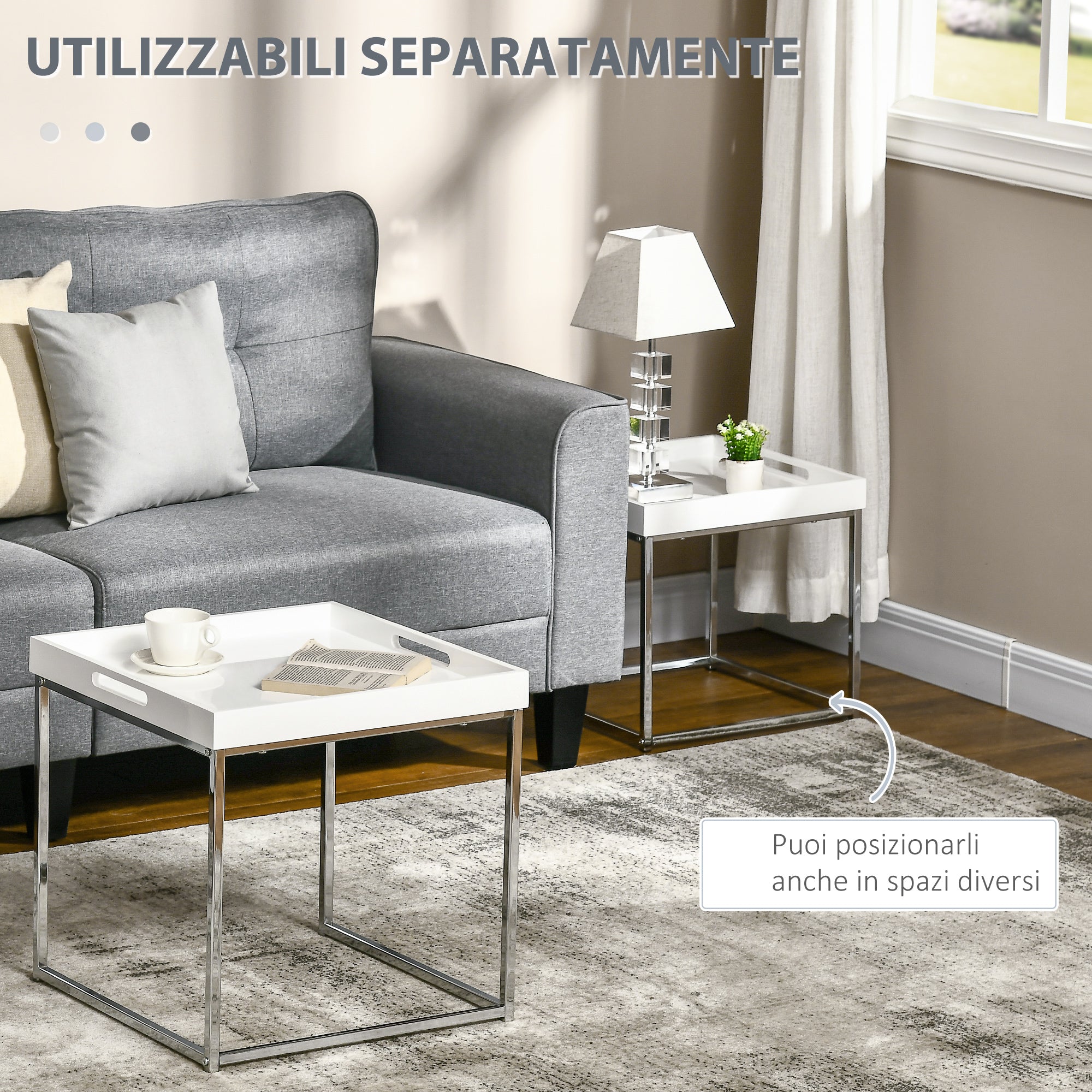 EASYCOMFORT Set da 2 pezzi con Tavolino da Caffè e Tavolino laterale a C in  Acciaio e Truciolato, Color legno