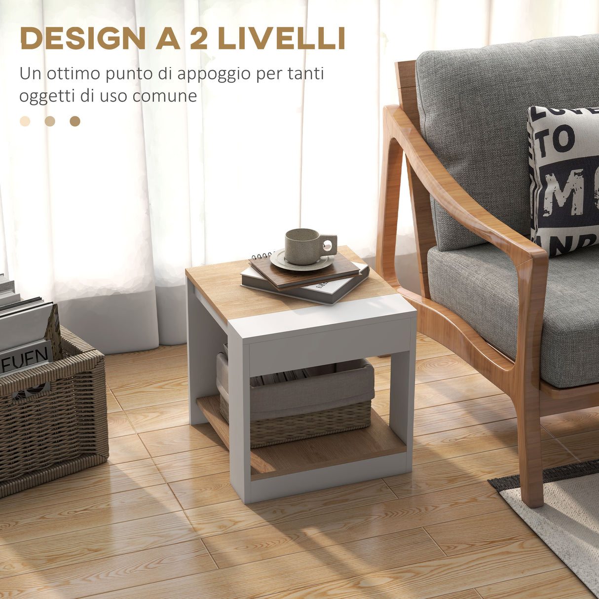 easycomfort easycomfort set da 2 tavolini da soggiorno con design a due livelli 40x40x45cm bianco e quercia