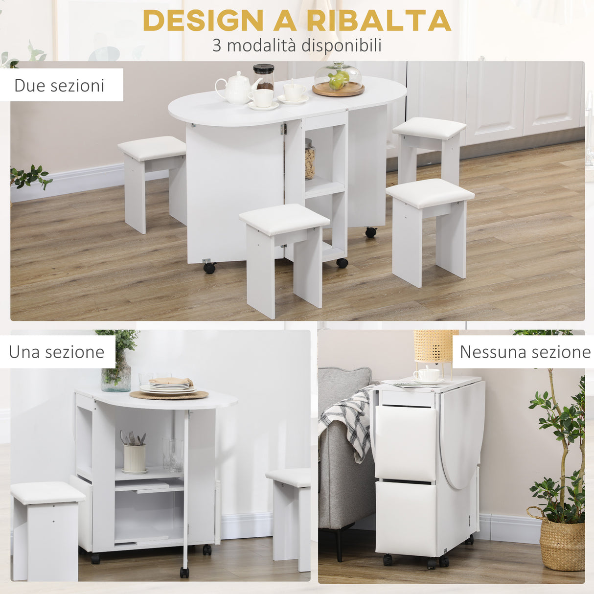 easycomfort easycomfort set da cucina 5 pezzi tavolo pieghevole con 2 ripiani e 4 sgabelli in legno truciolato bianco