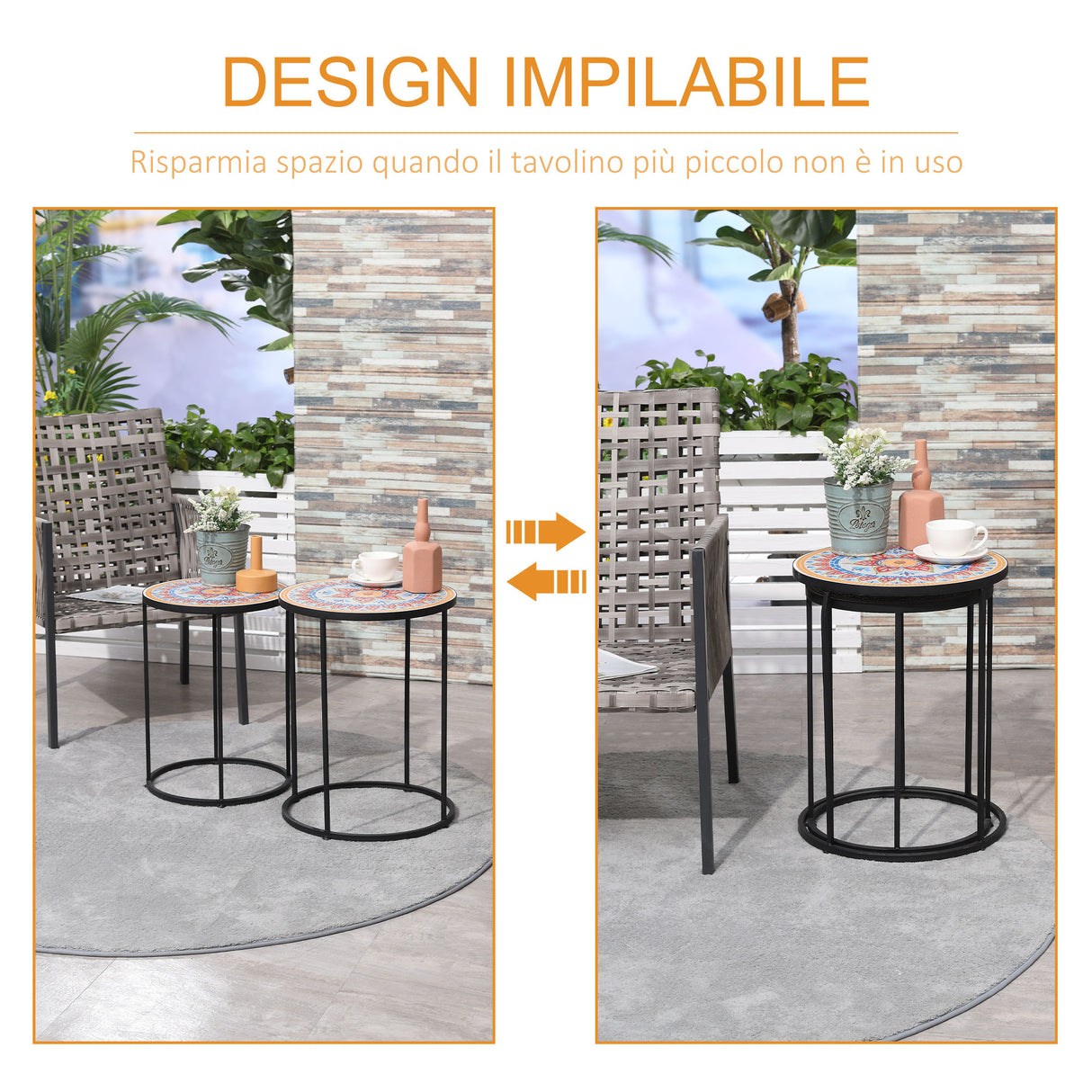 easycomfort easycomfort set da giardino 2 tavoli da giardino in metallo e ceramica con piano a mosaico 41x53cm e 36x49 5cm