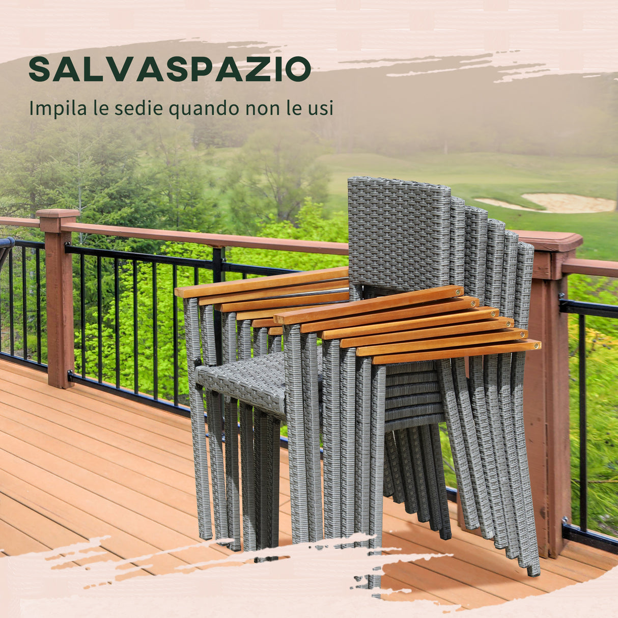 easycomfort easycomfort set da giardino 7 pezzi tavolo in acciaio e 6 sedie in legno e rattan con cuscini grigio