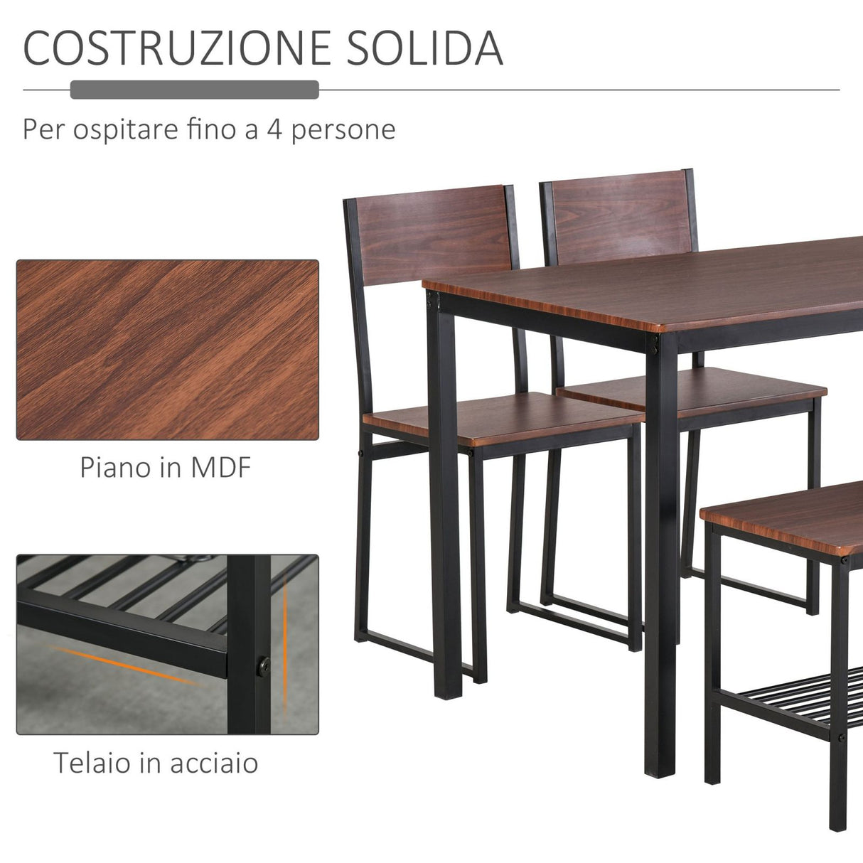 easycomfort easycomfort set tavolo con panca 2 posti e 2 sedie stile industriale in legno e metallo per soggiorno e cucina nero e marrone ean 8055776914534
