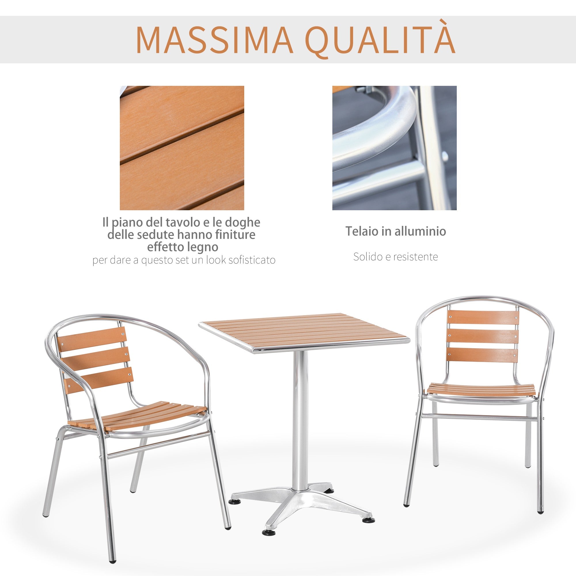 EASYCOMFORT Set Tavolo e 2 Sedie da Esterno in Alluminio con Finitura  Effetto Legno